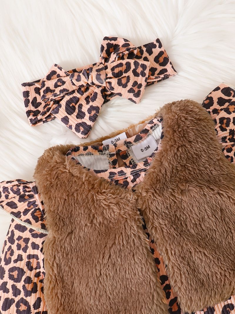 Langærmede Babypiger Jumpsuits Med Leopardprint Med Patchworkvest Og Pandebånd