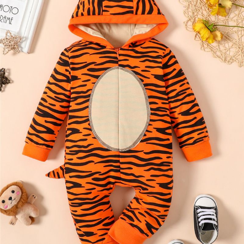 Nyfødt Baby Drenge Piger 3d Tegneserie Dyr Tiger Jumpsuit Leopard Hættetrøje Romper Legedragt Lynlås Onesies Med Hale