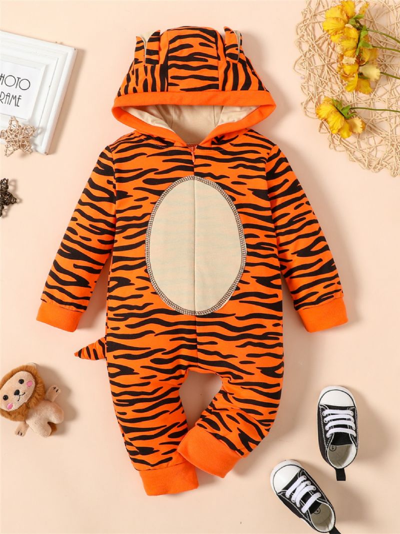 Nyfødt Baby Drenge Piger 3d Tegneserie Dyr Tiger Jumpsuit Leopard Hættetrøje Romper Legedragt Lynlås Onesies Med Hale