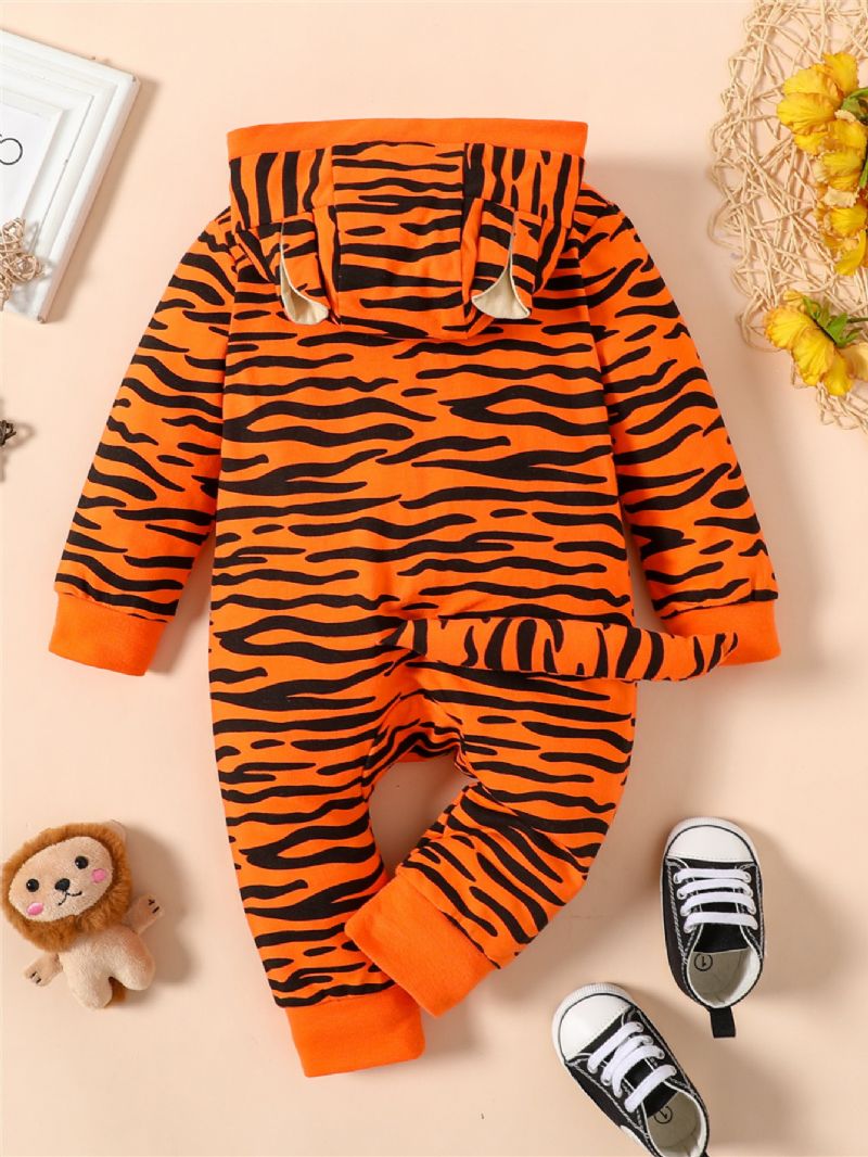 Nyfødt Baby Drenge Piger 3d Tegneserie Dyr Tiger Jumpsuit Leopard Hættetrøje Romper Legedragt Lynlås Onesies Med Hale