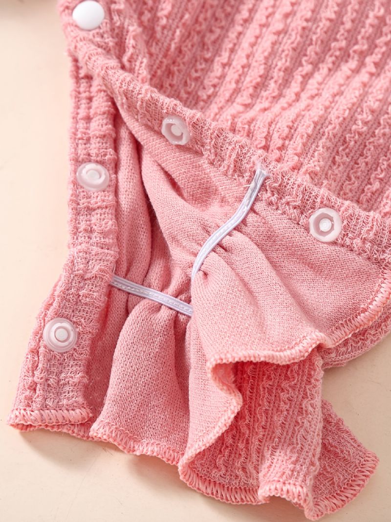 Nyfødt Spædbarn Ensfarvet Rulledragt Langærmet Rundhalset Sløjfe Jumpsuit & Pandebånd Til Babypiger Småbørnstøj