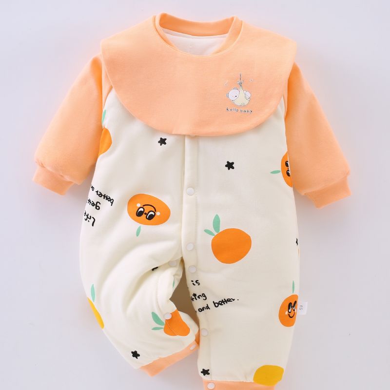 Nyfødt Spædbarn Fortykket Varm Bukse Orange Tegneserieprint Langærmet Rundhals Jumpsuit Til Baby Drenge Piger Småbørn Tøj