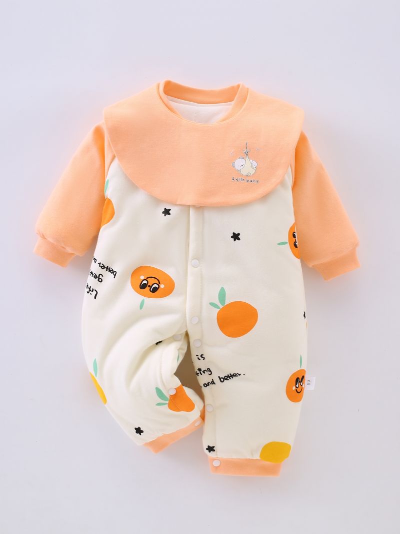 Nyfødt Spædbarn Fortykket Varm Bukse Orange Tegneserieprint Langærmet Rundhals Jumpsuit Til Baby Drenge Piger Småbørn Tøj