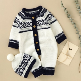 Nyfødt Spædbarn Geometrisk Mønster Sweater Trøje Langærmet Knap Jumpsuit & Hatte Til Småbørn Baby Drenge Piger Børnetøj