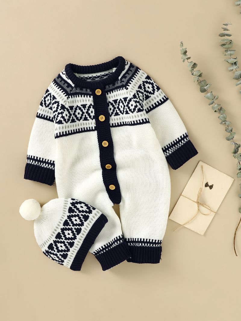 Nyfødt Spædbarn Geometrisk Mønster Sweater Trøje Langærmet Knap Jumpsuit & Hatte Til Småbørn Baby Drenge Piger Børnetøj