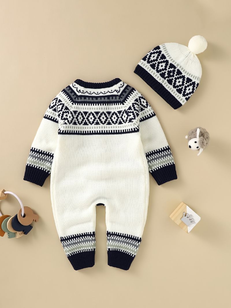 Nyfødt Spædbarn Geometrisk Mønster Sweater Trøje Langærmet Knap Jumpsuit & Hatte Til Småbørn Baby Drenge Piger Børnetøj