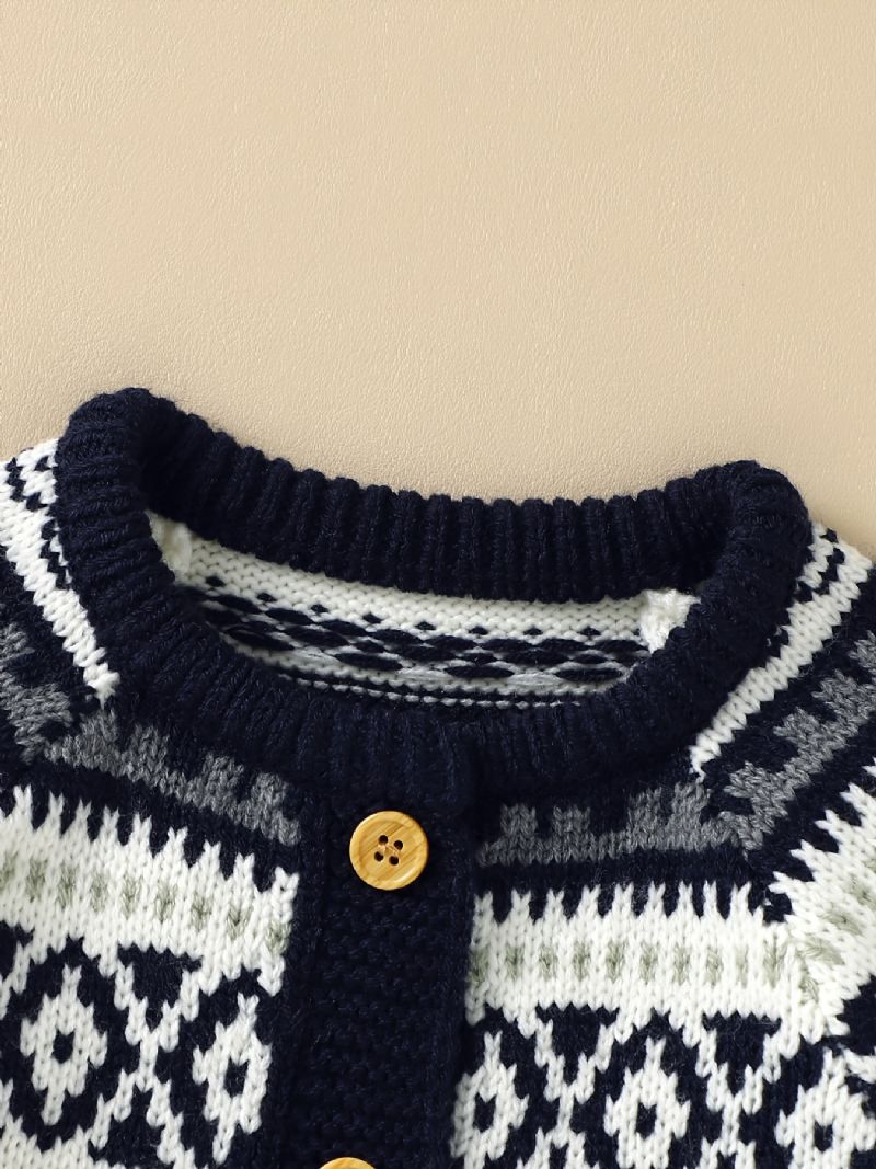 Nyfødt Spædbarn Geometrisk Mønster Sweater Trøje Langærmet Knap Jumpsuit & Hatte Til Småbørn Baby Drenge Piger Børnetøj