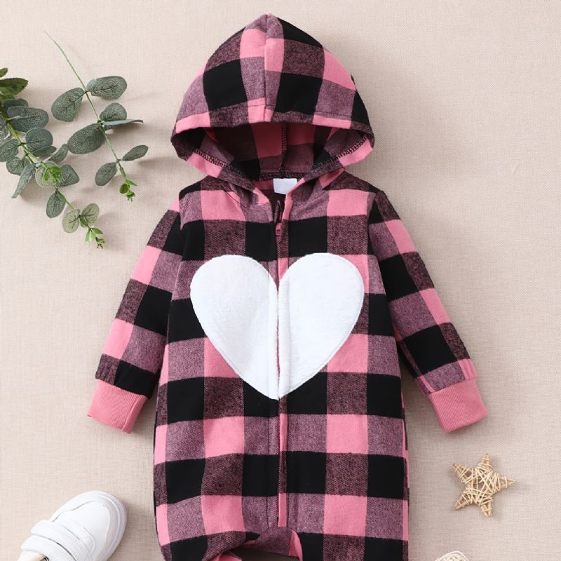 Nyfødt Spædbarn Hættedragt Hjerte Plaid Langærmet Jumpsuit Til Baby Drenge Piger Børn Tøj