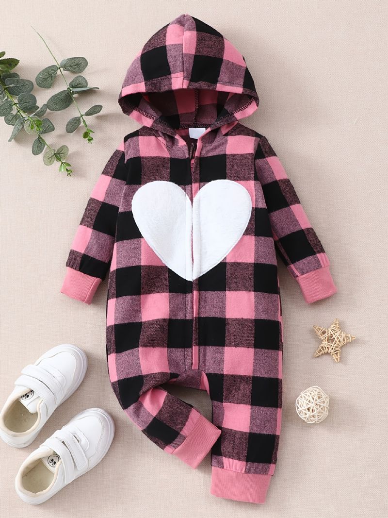 Nyfødt Spædbarn Hættedragt Hjerte Plaid Langærmet Jumpsuit Til Baby Drenge Piger Børn Tøj