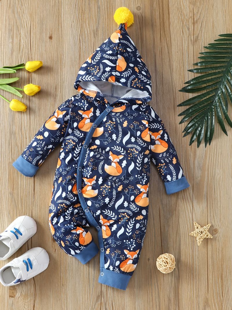 Nyfødt Spædbarn Hættetrøje Langærmet Ræveprint Jumpsuit Til Baby Drenge Piger Småbørnstøj