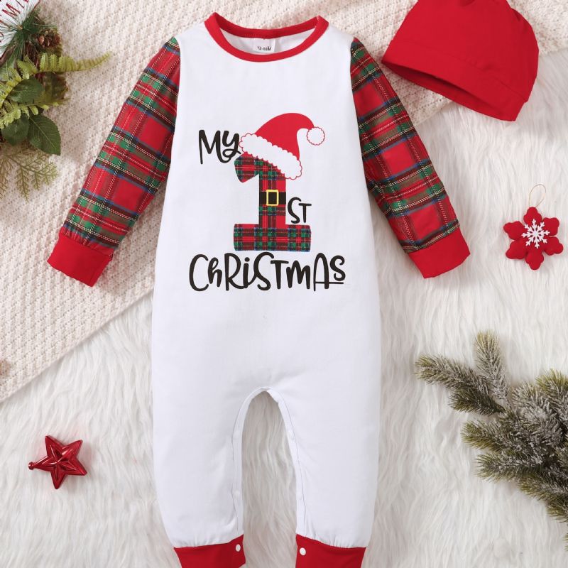 Nyfødt Spædbarn Juleprint Rullebukser Rød Plaid Langærmet Rundhalset Jumpsuit & Hatte Sæt Til Baby Drenge Piger Børn Tøj