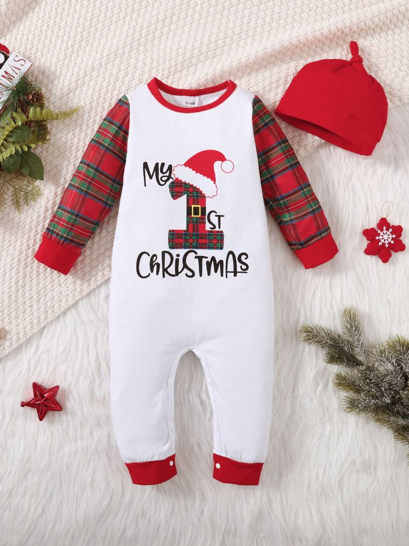 Nyfødt Spædbarn Juleprint Rullebukser Rød Plaid Langærmet Rundhalset Jumpsuit & Hatte Sæt Til Baby Drenge Piger Børn Tøj