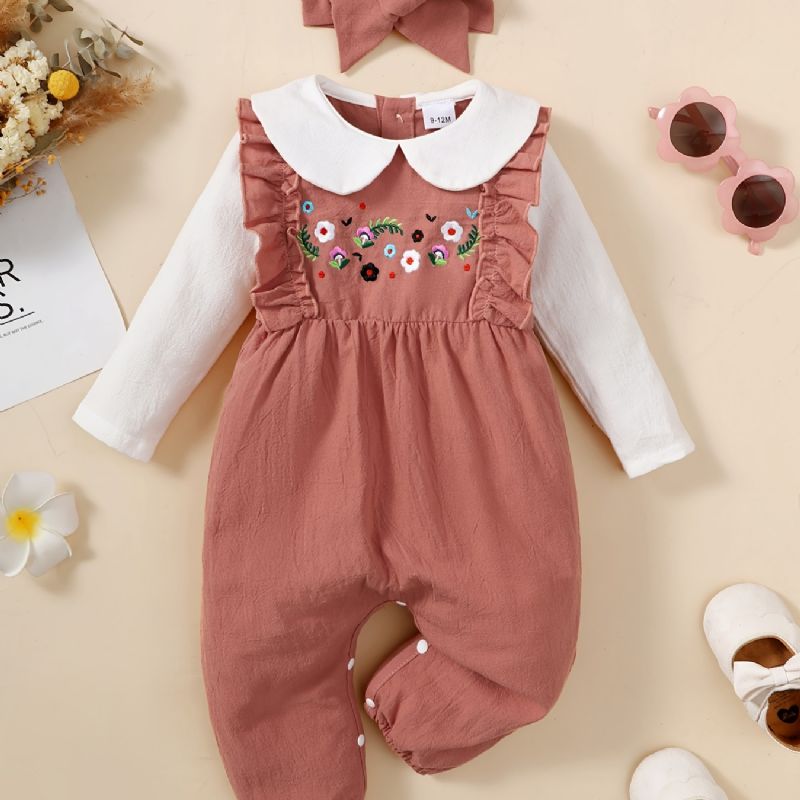 Nyfødt Spædbarn Romper Blomsterbroderi Langærmet Dukkekrave Flæse Jumpsuit & Pandebånd Til Babypiger Børnetøj