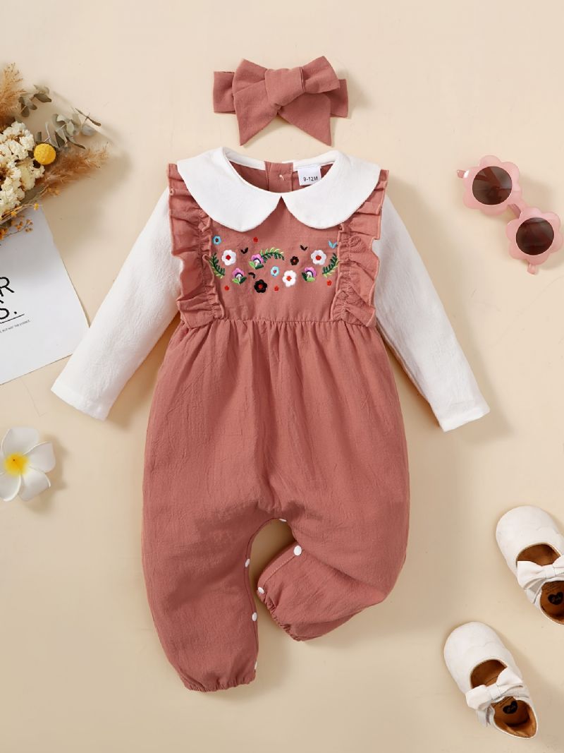 Nyfødt Spædbarn Romper Blomsterbroderi Langærmet Dukkekrave Flæse Jumpsuit & Pandebånd Til Babypiger Børnetøj