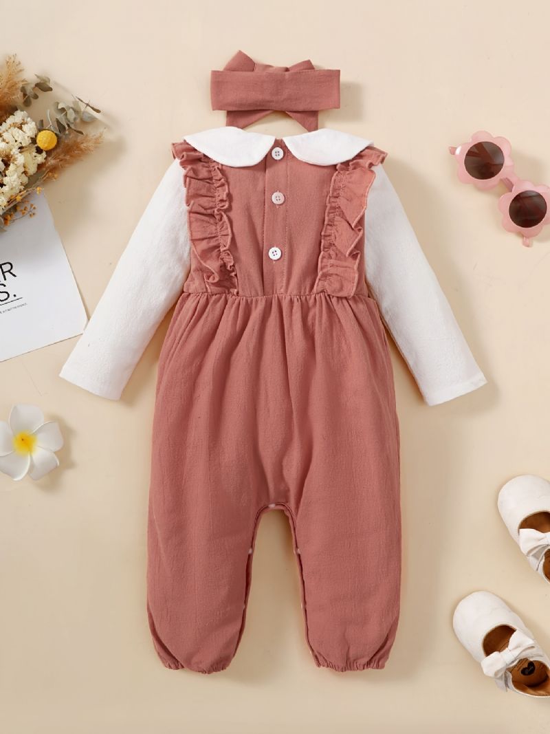 Nyfødt Spædbarn Romper Blomsterbroderi Langærmet Dukkekrave Flæse Jumpsuit & Pandebånd Til Babypiger Børnetøj