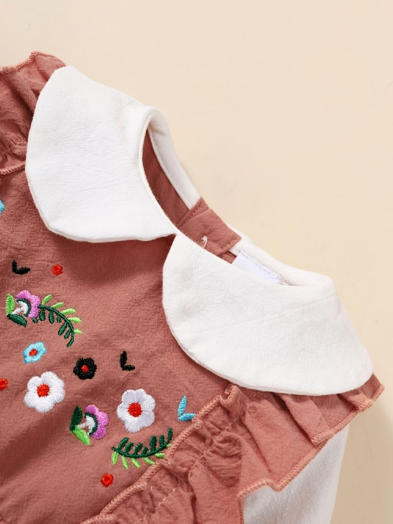 Nyfødt Spædbarn Romper Blomsterbroderi Langærmet Dukkekrave Flæse Jumpsuit & Pandebånd Til Babypiger Børnetøj