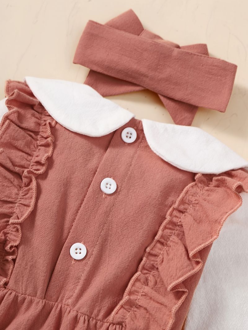 Nyfødt Spædbarn Romper Blomsterbroderi Langærmet Dukkekrave Flæse Jumpsuit & Pandebånd Til Babypiger Børnetøj