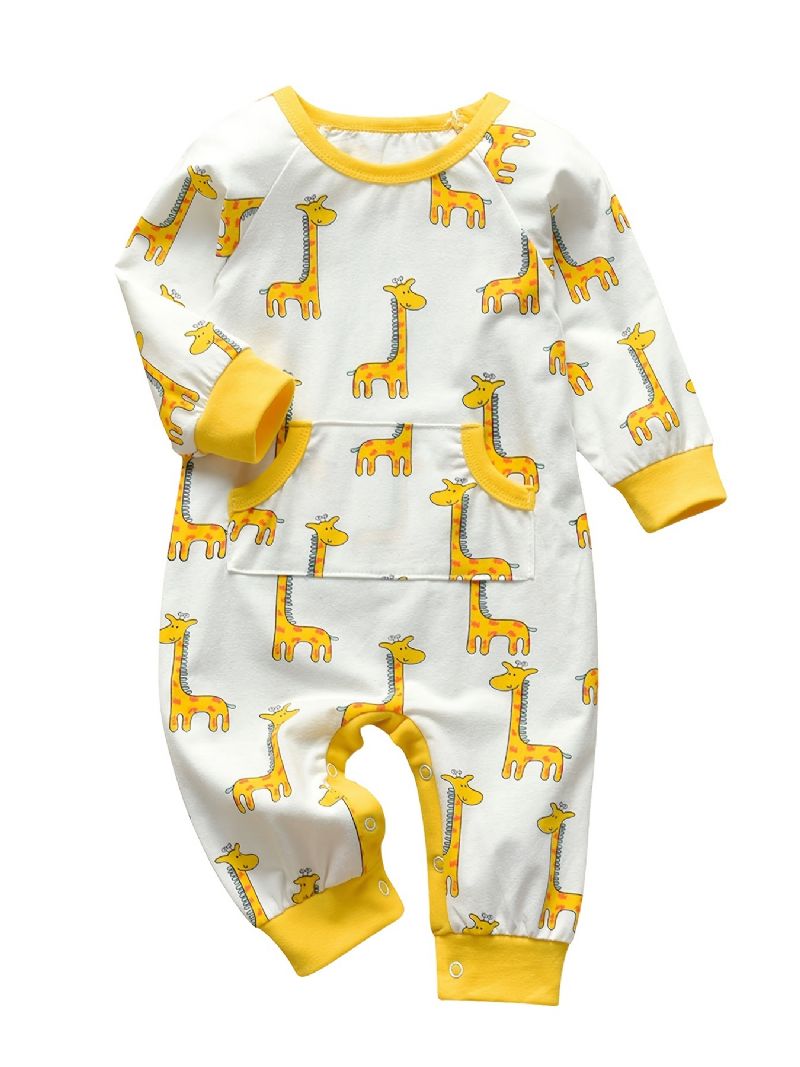 Nyfødt Spædbarn Romper Tegneserie Giraftryk Langærmet Rundhals Jumpsuit Til Baby Drenge Piger Børn Tøj