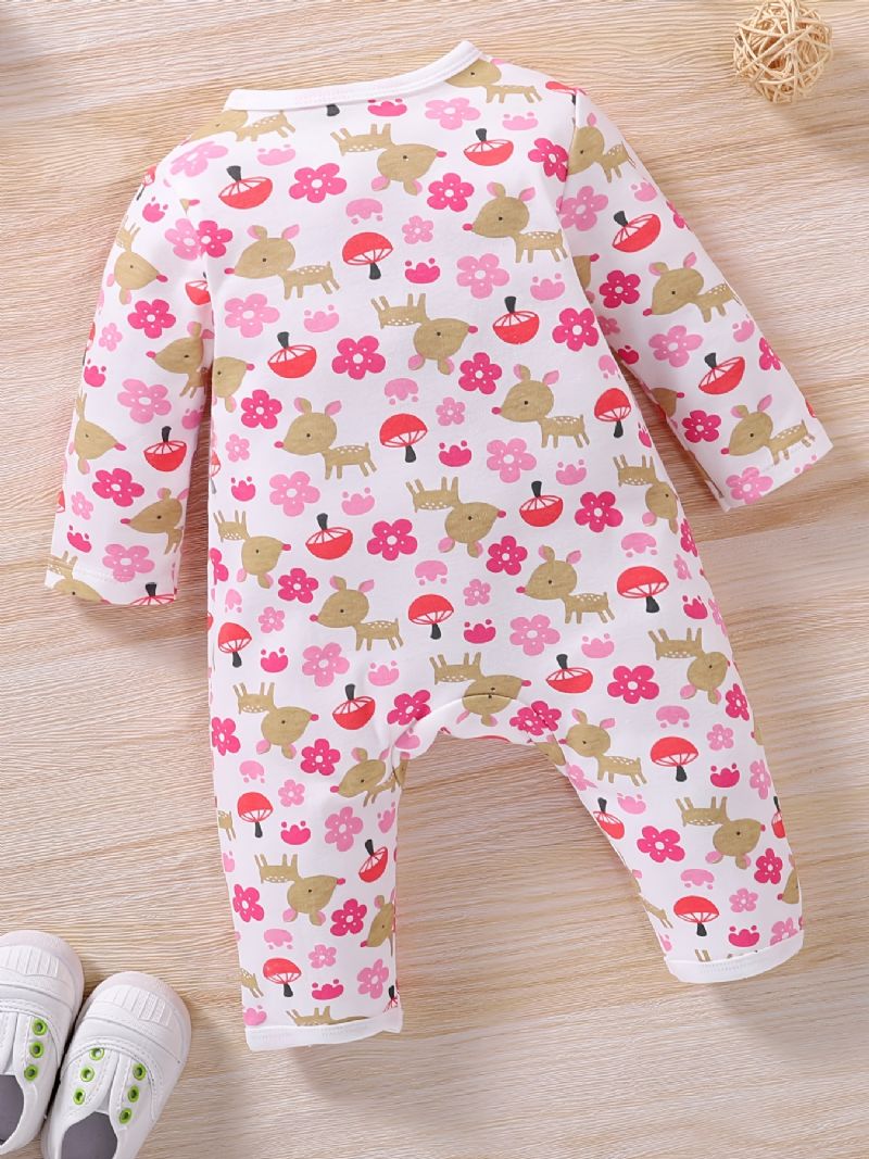 Nyfødt Spædbarn Romper Tegneserie Hjorteblomster Print Langærmet Rundhalset Jumpsuit Til Babypiger Småbørnstøj