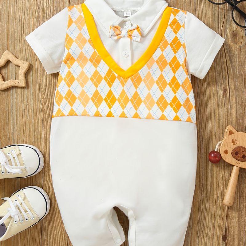 Nyfødt Spædbørn Argyle Mønster Splejsningsbukser Kortærmet Bowtie Jumpsuit Til Småbørn Baby Drenge Piger Børn Tøj