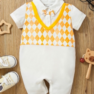 Nyfødt Spædbørn Argyle Mønster Splejsningsbukser Kortærmet Bowtie Jumpsuit Til Småbørn Baby Drenge Piger Børn Tøj