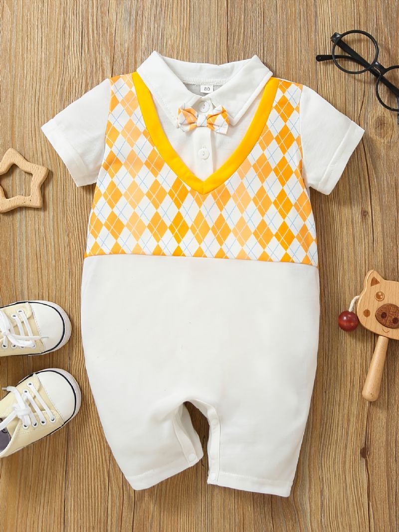 Nyfødt Spædbørn Argyle Mønster Splejsningsbukser Kortærmet Bowtie Jumpsuit Til Småbørn Baby Drenge Piger Børn Tøj