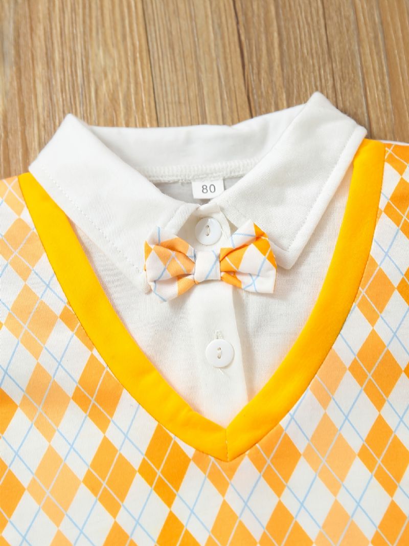 Nyfødt Spædbørn Argyle Mønster Splejsningsbukser Kortærmet Bowtie Jumpsuit Til Småbørn Baby Drenge Piger Børn Tøj