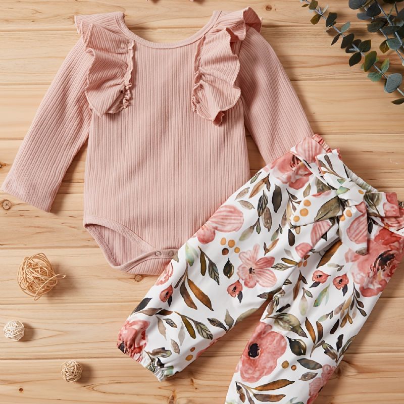 Nyfødt Spædbørn Baby Piger Romper + Blomstermønster Bukser + Pandebånd Sæt Babytøj Outfit Bodysuit Onesie Jumpsuit