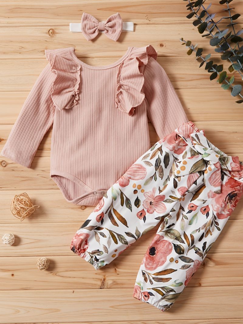 Nyfødt Spædbørn Baby Piger Romper + Blomstermønster Bukser + Pandebånd Sæt Babytøj Outfit Bodysuit Onesie Jumpsuit