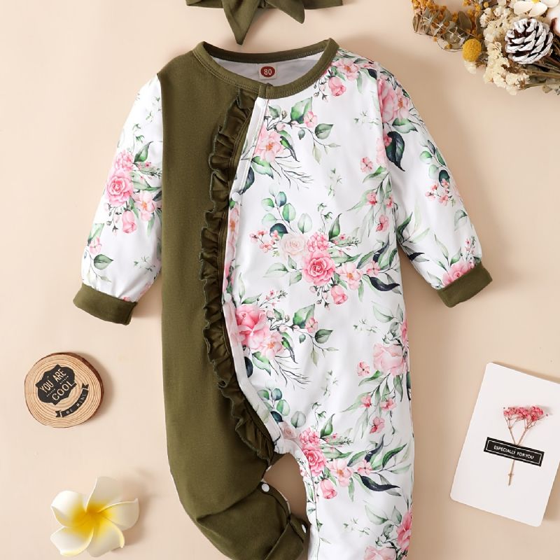 Nyfødt Spædbørn Flæsebukser Splejsning Langærmet Rundhals Blomsterprint Jumpsuit & Pandebånd Til Baby Piger Børnetøj