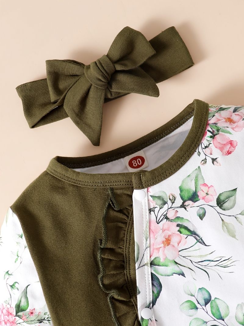 Nyfødt Spædbørn Flæsebukser Splejsning Langærmet Rundhals Blomsterprint Jumpsuit & Pandebånd Til Baby Piger Børnetøj