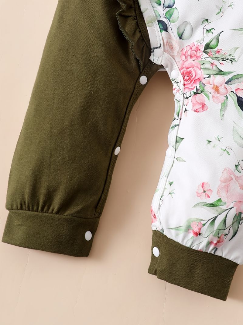 Nyfødt Spædbørn Flæsebukser Splejsning Langærmet Rundhals Blomsterprint Jumpsuit & Pandebånd Til Baby Piger Børnetøj