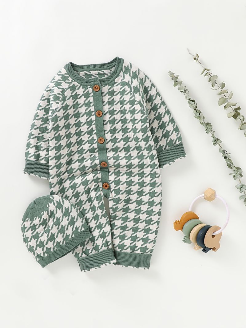 Nyfødt Spædbørn Houndstooth Sweater Langærmet Knap Jumpsuit & Hatte Til Småbørn Baby Drenge Piger Børn Tøj