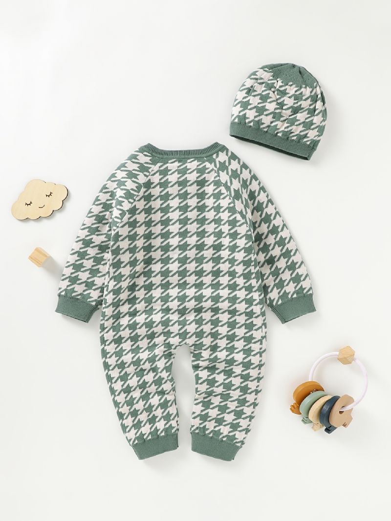 Nyfødt Spædbørn Houndstooth Sweater Langærmet Knap Jumpsuit & Hatte Til Småbørn Baby Drenge Piger Børn Tøj