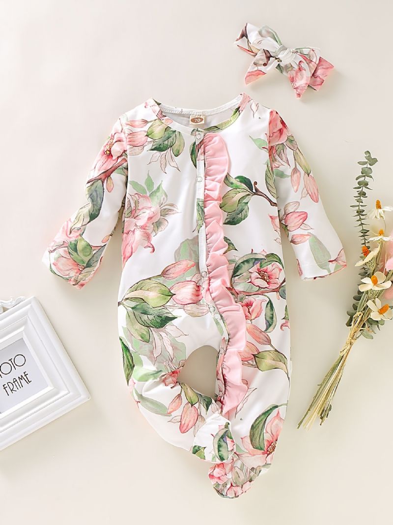 Piger Blomsterprint Langærmet Jumpsuit Med Flæsedesign + Pandebånd Babytøj