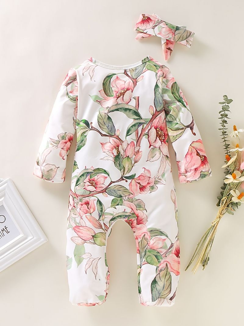 Piger Blomsterprint Langærmet Jumpsuit Med Flæsedesign + Pandebånd Babytøj