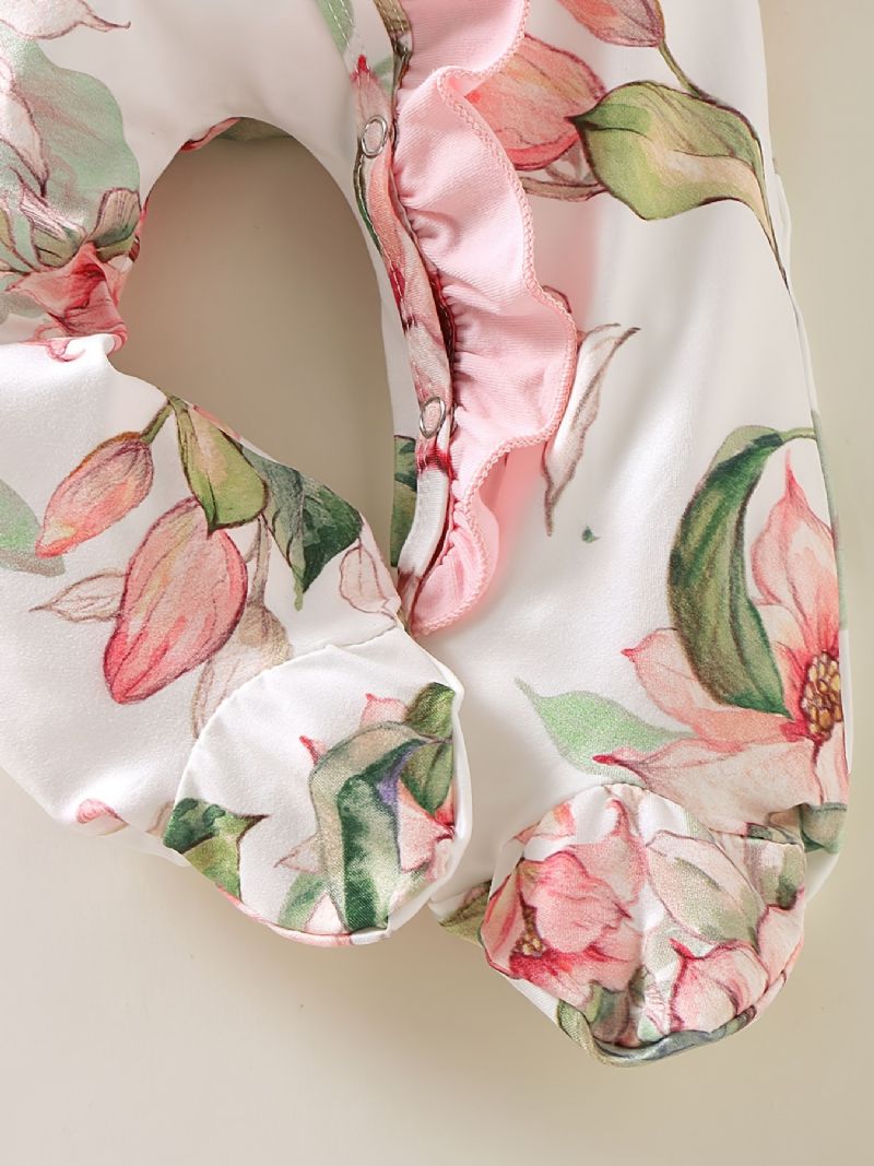 Piger Blomsterprint Langærmet Jumpsuit Med Flæsedesign + Pandebånd Babytøj