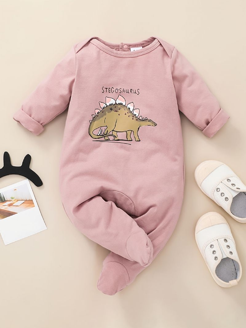 Piger Cute Pink Dinosaur Print Langærmet Rundhals Jumpsuit Romper Tøj