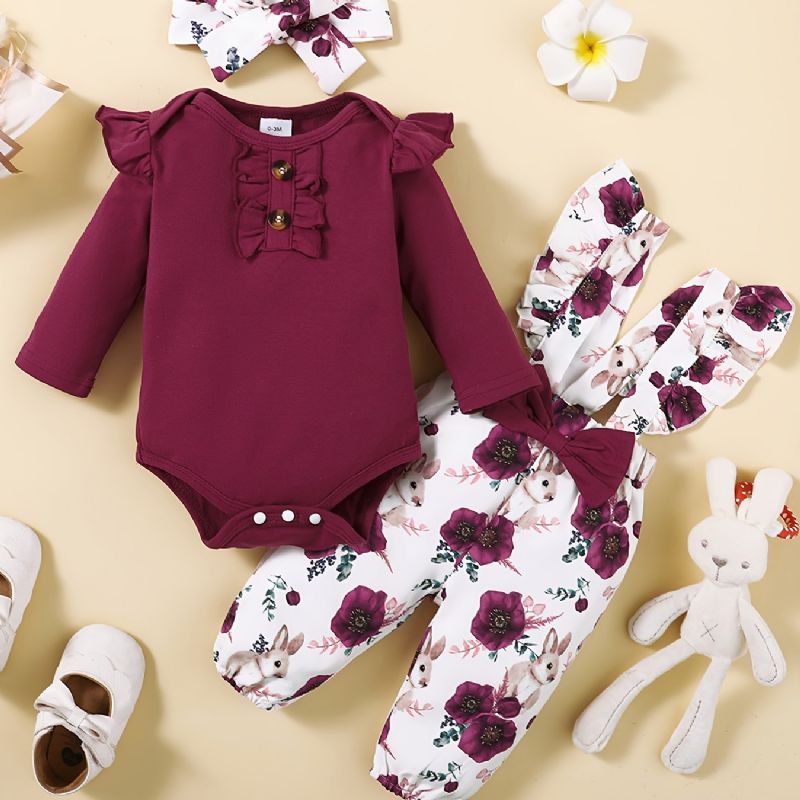 Piger Flæseskulder Langærmet Jumpsuit + Blomsterprint Suspenderbukser + Pandebåndsæt Babytøj