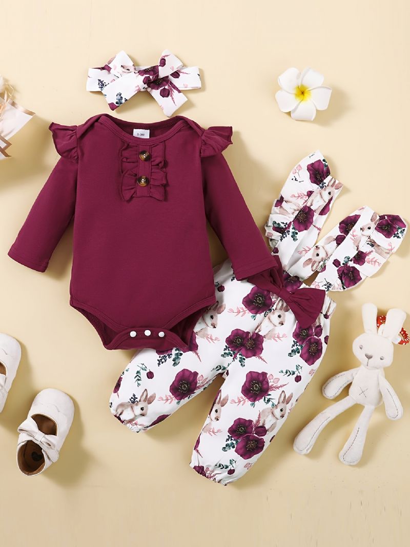 Piger Flæseskulder Langærmet Jumpsuit + Blomsterprint Suspenderbukser + Pandebåndsæt Babytøj