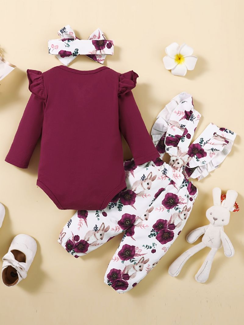 Piger Flæseskulder Langærmet Jumpsuit + Blomsterprint Suspenderbukser + Pandebåndsæt Babytøj