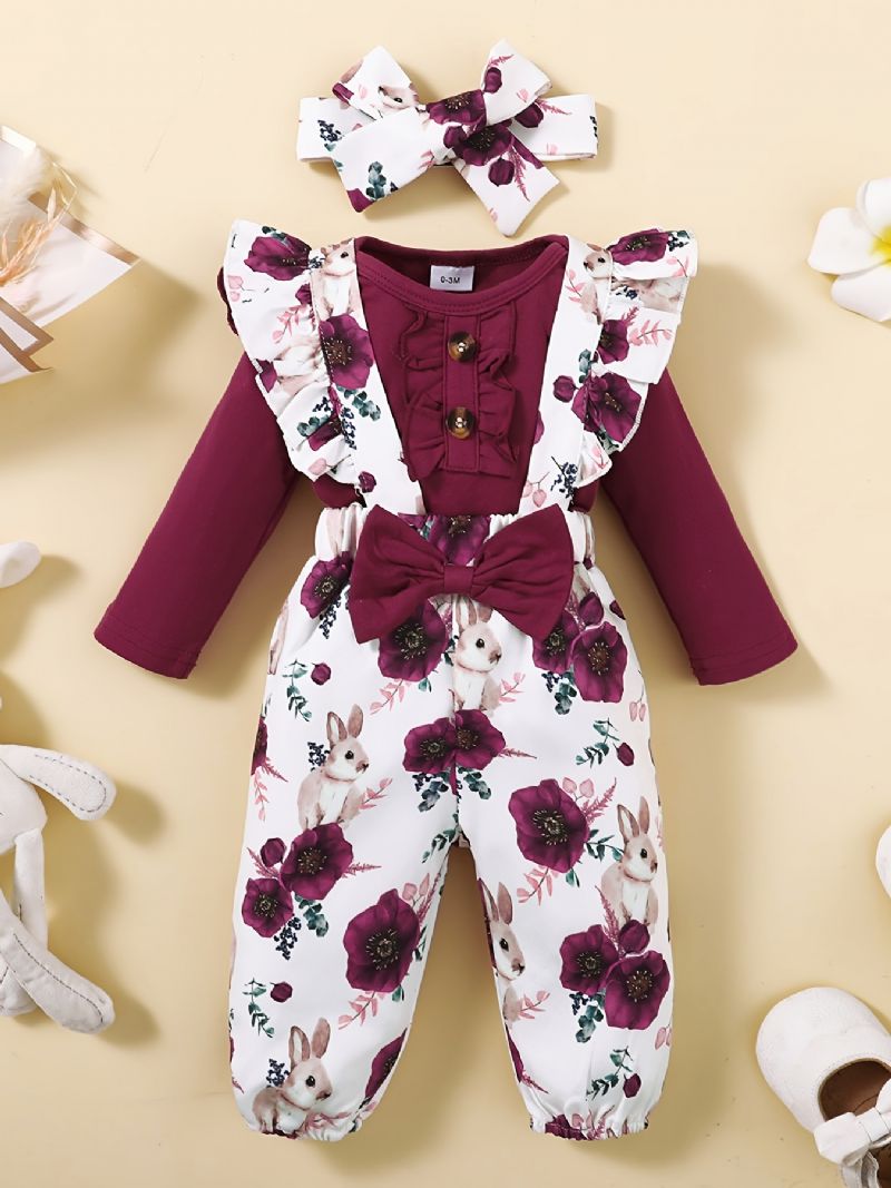 Piger Flæseskulder Langærmet Jumpsuit + Blomsterprint Suspenderbukser + Pandebåndsæt Babytøj