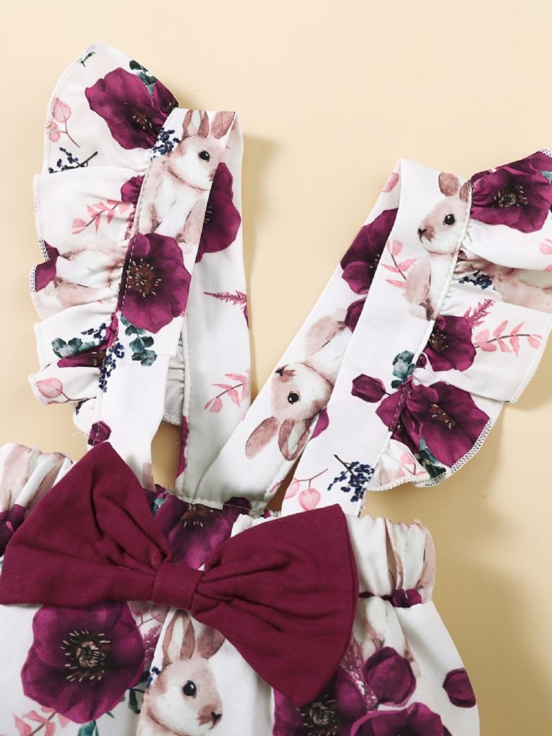 Piger Flæseskulder Langærmet Jumpsuit + Blomsterprint Suspenderbukser + Pandebåndsæt Babytøj