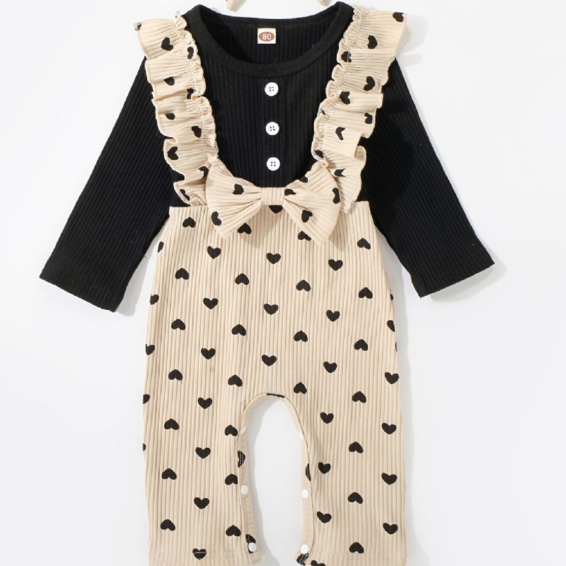 Piger Pit Strip Fake Todelt Love Print Langærmet Romper Jumpsuit+pandebånd 2stk Sæt Efterår Vinter