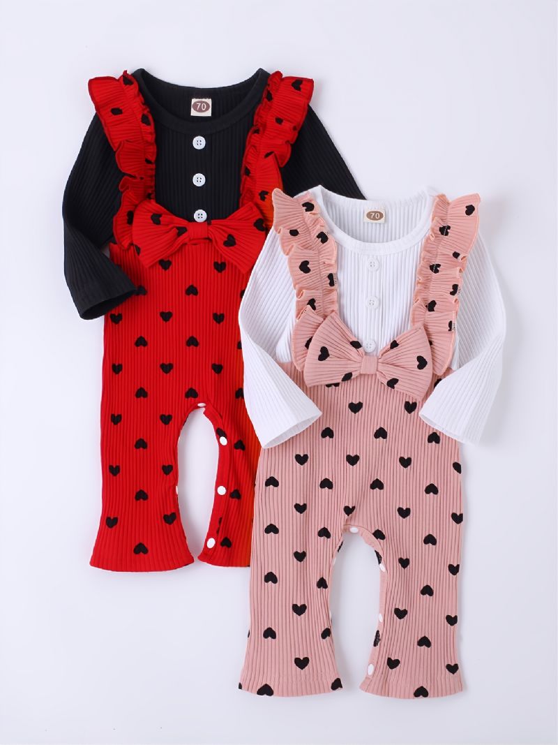 Piger Pit Strip Fake Todelt Love Print Langærmet Romper Jumpsuit+pandebånd 2stk Sæt Efterår Vinter