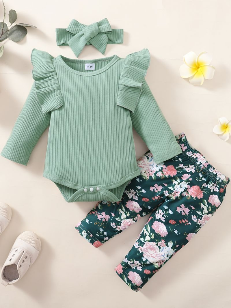 Ribbet Flæseskulder Til Piger Langærmet Jumpsuit + Blomsterprint Bukser + Pandebåndsæt Babytøj