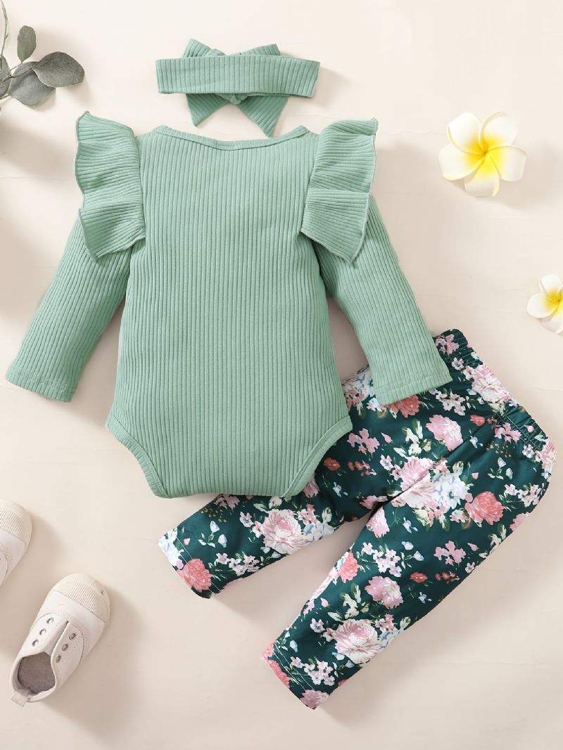 Ribbet Flæseskulder Til Piger Langærmet Jumpsuit + Blomsterprint Bukser + Pandebåndsæt Babytøj