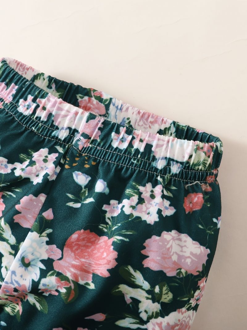 Ribbet Flæseskulder Til Piger Langærmet Jumpsuit + Blomsterprint Bukser + Pandebåndsæt Babytøj