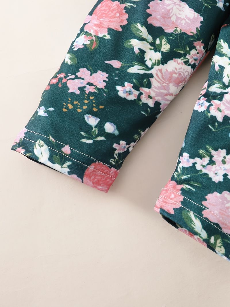 Ribbet Flæseskulder Til Piger Langærmet Jumpsuit + Blomsterprint Bukser + Pandebåndsæt Babytøj