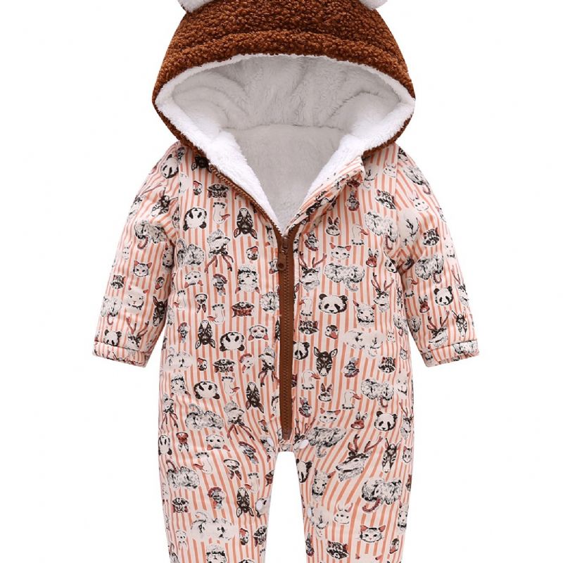 Småbørn Baby Hætte Fleece Varm Jumpsuit Striber Tegneserie Print Lynlås Langærmet Bukse Til Drenge Piger